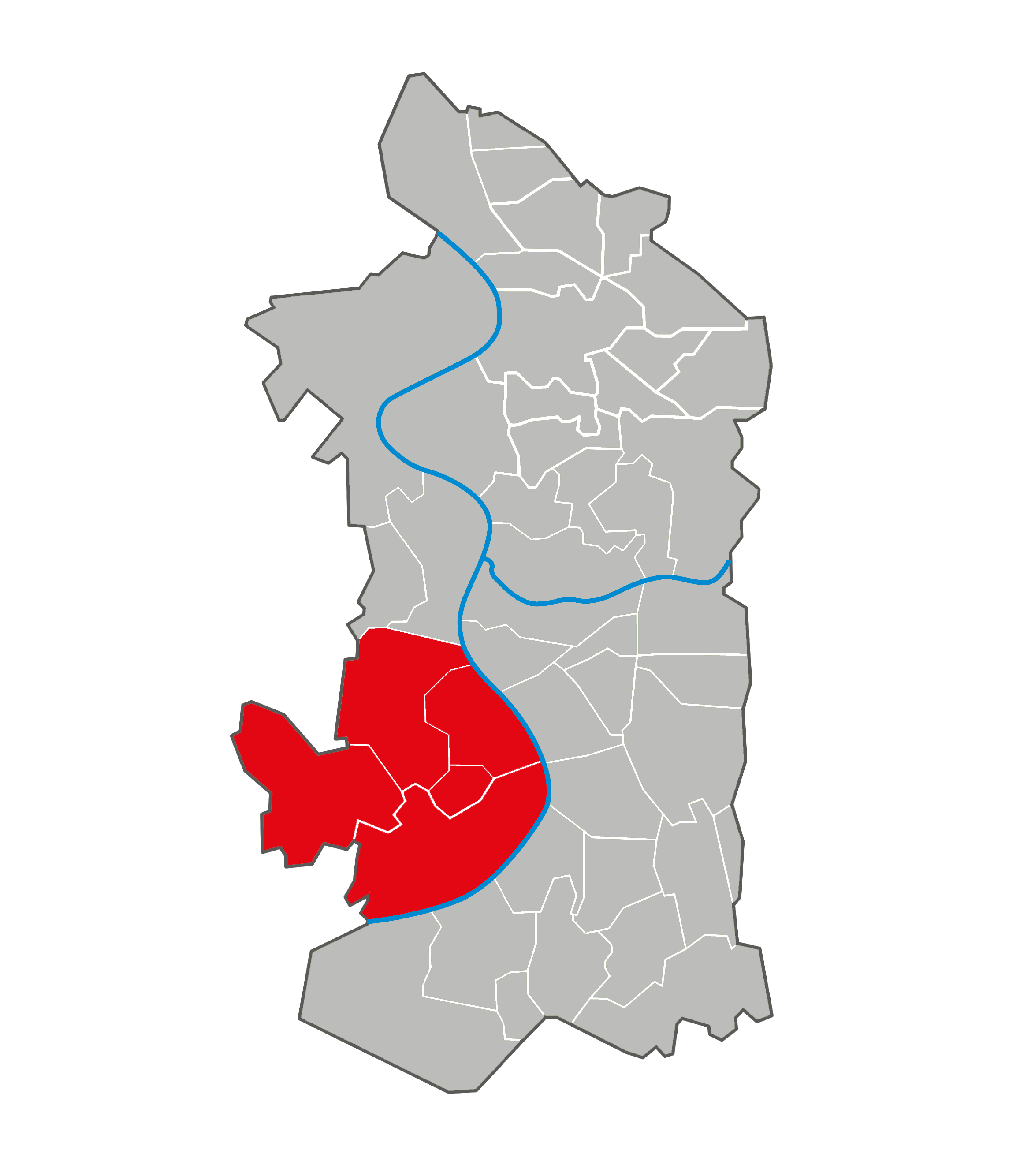 Einfache Karte von Duisburg, bei der das Versorgungsbeiet von akuras rot hervorgehoben ist